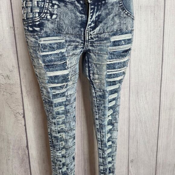 Y2K Acid Wash Distressed Denim Jumpsuit w Cut-outs, Bows & Woven Accents, sz 5 - Picture 6 of 14